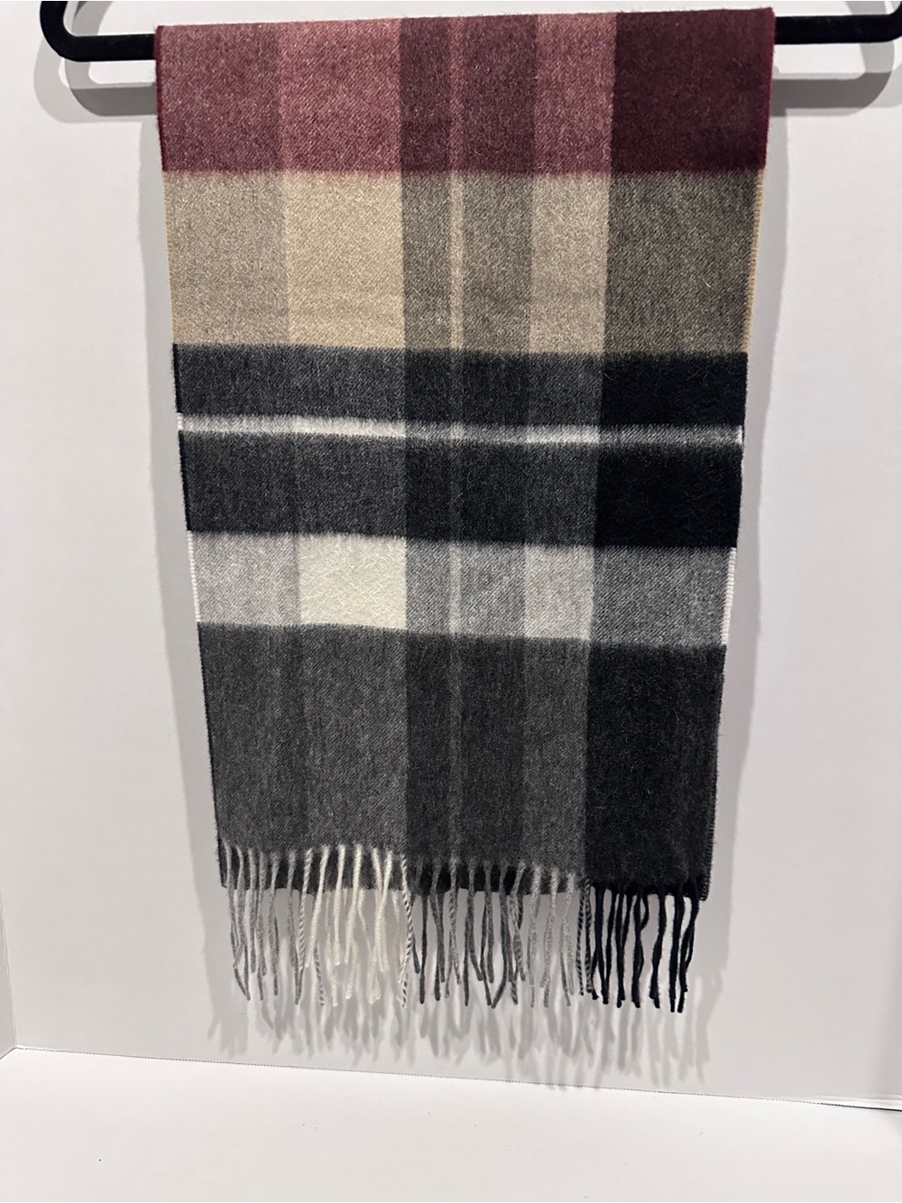 SF800 - Jos A Bank 100% Cashmere Plaid Scarf Gray Burgundy Black Fringe 66”